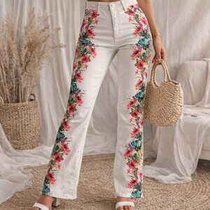 BISOU BISOU White Floral Graphic Jeans Sz 10 Resort Tropical Denim Pants